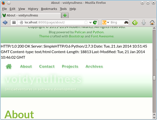 Web page with HTTP headers showing